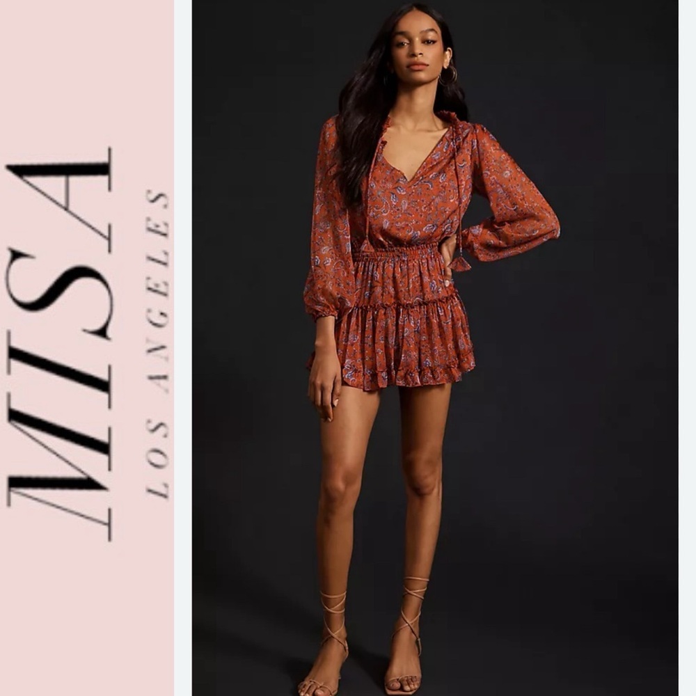 NWT MISA Los Angeles Lorena Red Chiffon Paisley Mini Dress xs